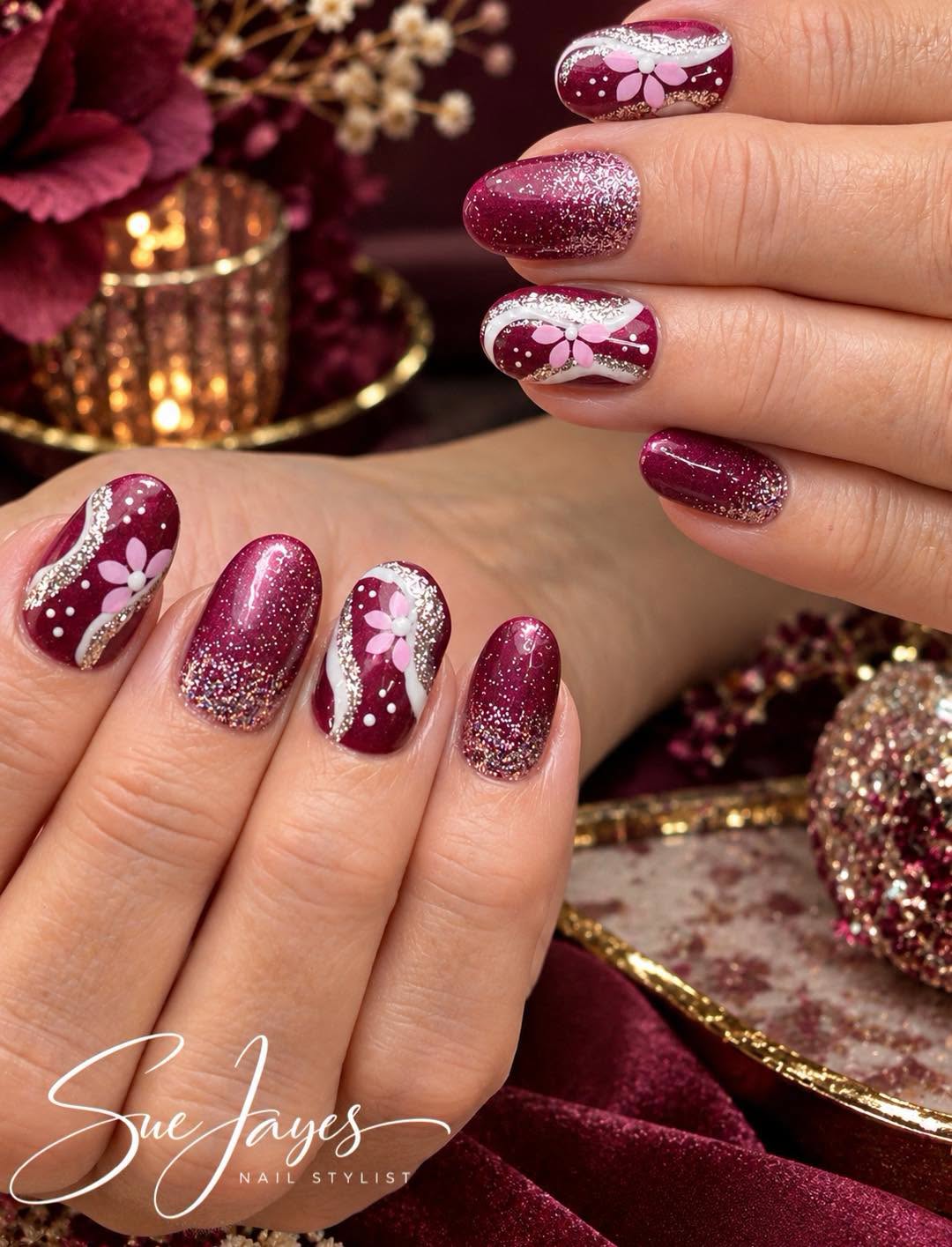 Burgundy and pink floral nail art by Sue Jayes